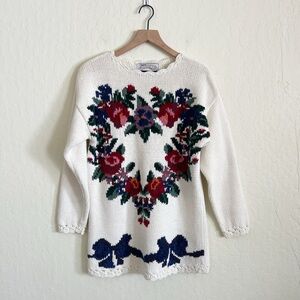 Vintage 90s Nuggets Floral Heart Bow Pullover Crewneck Tunic Sweater Medium